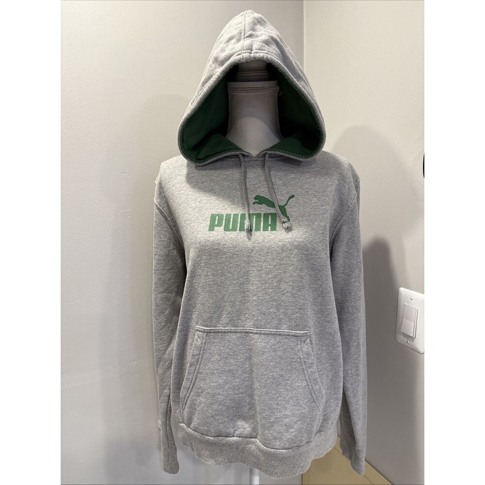 Puma Gray Hoodie Green Logo Women’s XL Kangaroo Pocket Sweatshirt